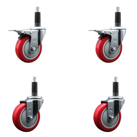 Service Caster 4'' Red Poly Swivel 1'' Expanding Stem Caster Set 2 Total Lock Brakes, 4PK SCC-EXTTL20S414-PPUB-RED-2-S-2-1